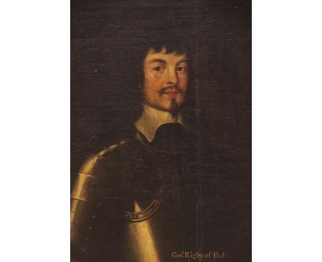 English school, late 17th century,Portrait of George Rigby of Peel,Half length wearing armour,Oil on canvas,76cm x 62cm,Gilt 