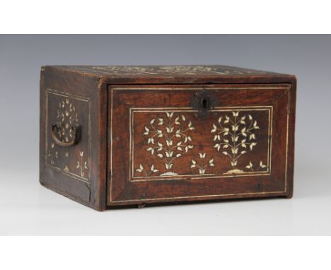 An Indo-Portuguese ivory inlaid cabinet/casket, 17th/18th century, Gujarat or Sindh, of rectangular form with hinged fall fro