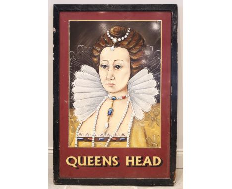 A mid 20th century and later repainted 'Queens Head' pub sign, the rectangular sign centred with a bust length portrait above