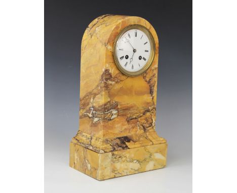 A late 19th century crema Valencia marble mantel clock, the domed case housing the 11cm white enamelled dial with applied Rom