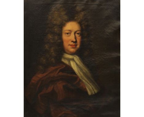Circle of Michael Dahl (1659-1743),Portrait of George Kenyon half length wearing a red cloak and white cravat in a painted ov