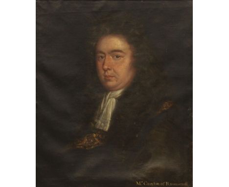 Follower of Sir Godfrey Kneller (1646-1723),Portrait of Mr Croxton of Ravenscroft Head and shoulders with a white cravat and 