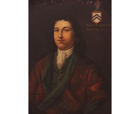 English school, early 18th century,Portrait of John Tyrell half length, wearing a dark red and green coat and white cravat, i