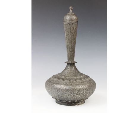 An Islamic Bidri ware flask, 19th century, of typical hour glass form with compressed globular body and tapered neck, extensi