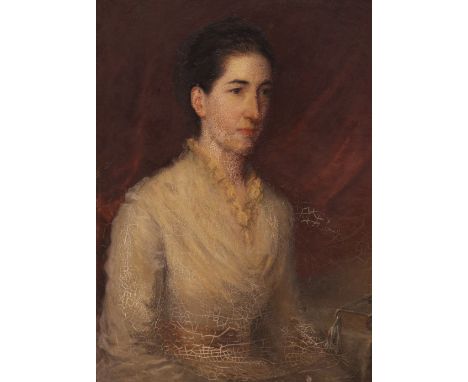 Joseph Bridge (1845-1894),Portrait of Hon Mrs Bulkeley Owen Half length seated in a white dress,Oil on canvas,74cm x 61cm,Gil