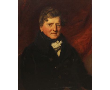 Attributed to John Northcote RA (1746-1831),Portrait of a gentleman, half length seated, wearing a dark blue coat and a white