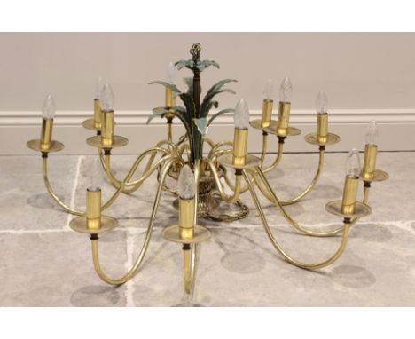 A Louis XVI style gilt metal chandelier, mid 20th century, the central column cast as a wicker effect basket with acanthus le