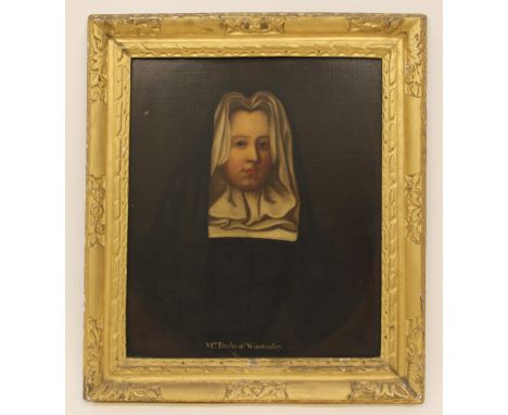 British school, 18th century,Portrait of Mrs Banks of Winstanley Half length wearing black, in a painted oval inscribed botto