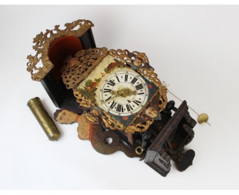 A 19th century painted Dutch wall clock, the architectural canopy with a gilt painted metal figural pediment over the 17cm me
