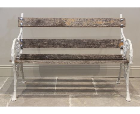 A 19th century style garden bench, 20th century, the painted alloy openwork blackberry pattern supports united by hardwood sl