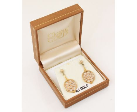 A pair of 9ct gold Clogau Celtic style earrings, each designed as a rose gold Celtic knot set to a yellow gold frame, with po