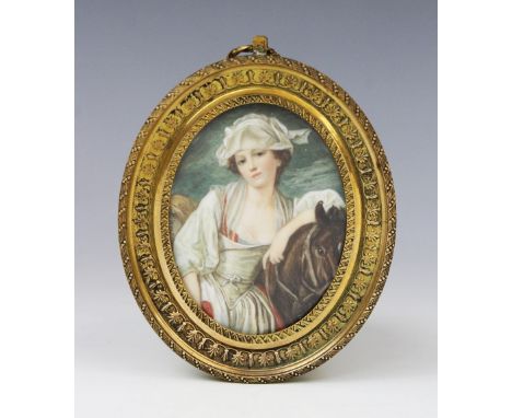 After Jean-Baptiste Greuze (1750-1775), a watercolour portrait miniature on ivory after 'La Laitière', set to a glazed oval g