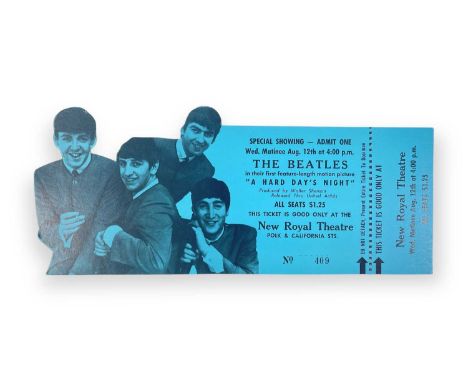 An unused card ticket for a matinee showing of the Beatles in 'A Hard Day's Night', 12th August 1964 at the New Royal Theatre