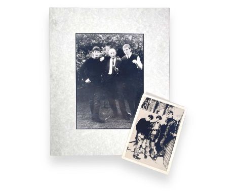 A vintage printing (likely c 1960s) of a photograph by Mike McCartney depicting Paul McCartney, John Lennon and George Harris