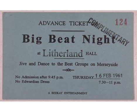 An original printed card ticket for a 'Big Beat Night' at Litherland Town Hall, Liverpool. The Beatles performed at this even