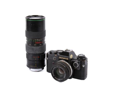 An Olympus OM10 35mm SLR camera outfit. Black body. Serial number 1096343. With two lenses; an Olympus OM, 50mm f1.8 Zuiko MC