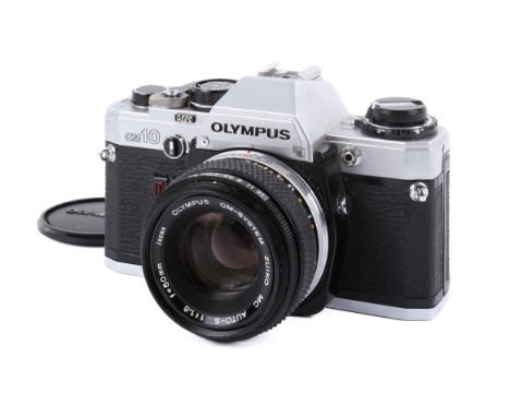 An Olympus OM10 35mm SLR camera. Chrome. Serial number 1931013. With an Olympus OM 50mm f1.8 Zuiko MC Auto-S lens, lens cap a
