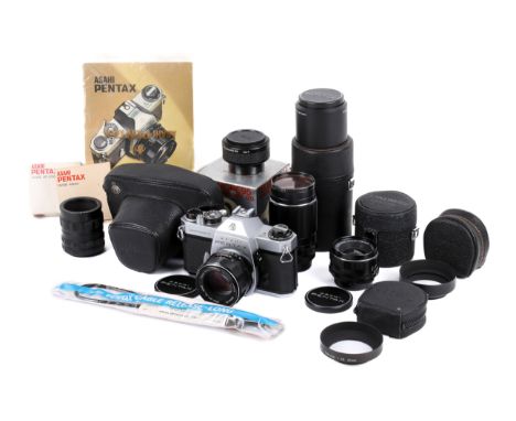 An Asahi Pentax Spotmatic SPII 35mm SLR camera outfit.Chrome body. Serial number 5339096. Shutter working. With three lenses;