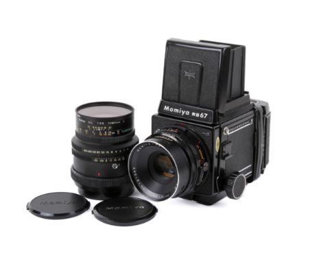 A Mamiya RB67 Professional S 6x7 medium format SLR camera outfit. Serial number C515810. With two lenses; a Mamiya K/L 90mm f