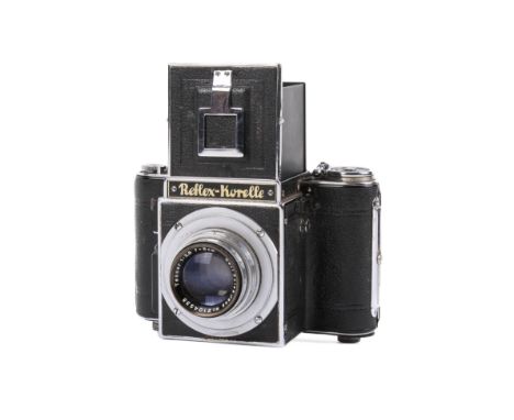 A Reflex Korelle 6x6 medium format SLR camera. With a Carl Zeiss Jena 8cm f2.8 Tessar lens, waist level finder and ERC. Toget