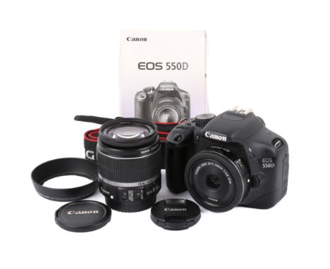 A Canon EOS 550D digital SLR camera outfit. With two lenses; a Canon EF-S 18-55mm f3.5-5.6 IS and a Canon EF-S 24mm f2.8 STM.