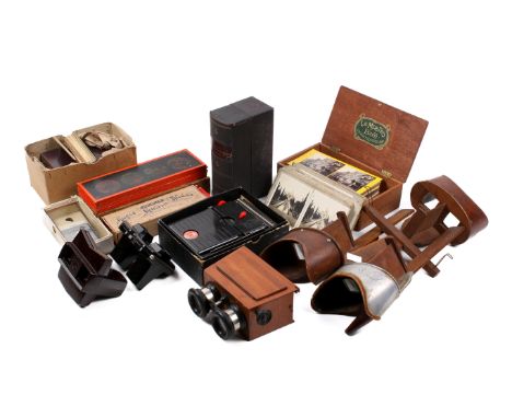 A collection of stereoscopic viewers and slides. Noting an Underwood and Underwood example with an incomplete set of Japan th