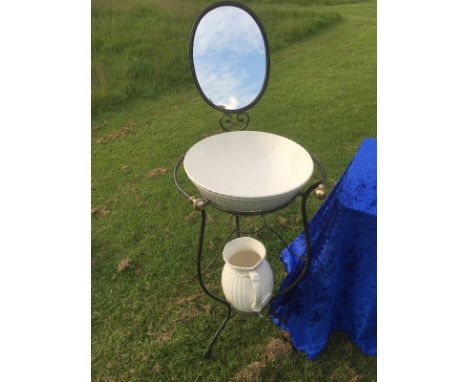 Continental wrought iron and brass wash stand, complete with mirror, ewer and basin