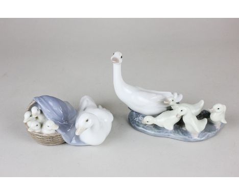 Two Lladro porcelain ornaments of geese with goslings