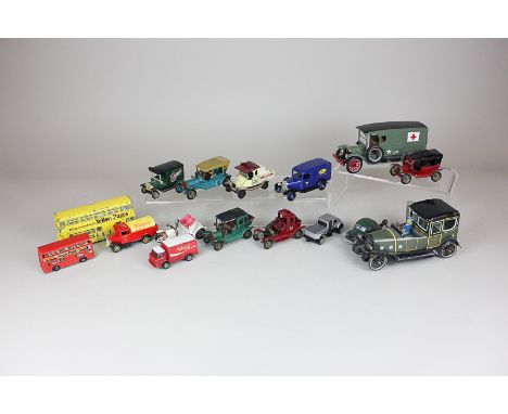 A wind-up clockwork tin toy car, together with a collection of Dinky and Corgi toy vehicles