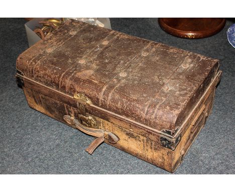 A metal trunk with blue painted interior, leather handle, labelled 'Steel Brand', 70cm, (NC)