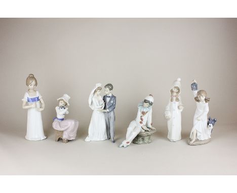 Two Lladro porcelain figures of a bride and groom and a girl with basket (both a/f), three Nao figures including a clown, a g