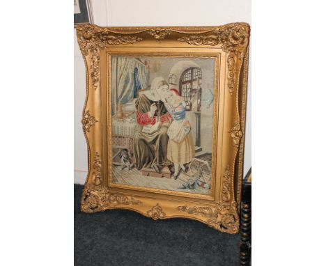 A tapestry panel depicting Little Red Riding Hood showing a girl with her grandmother and a wolf at the window, in gilt frame
