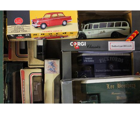 Three large Corgi die cast model vans, two Bedford 0 series, pantechnicon and Bedford type OB, coach, seven Days Gone and sim