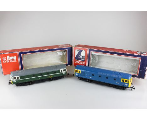 Two Lima 0 scale model railway locomotives, British Railways D6506 in green and British Railways D6524 in blue, both boxed