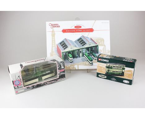 A Corgi self assembly model Marton Tram Depot 44903, together with sixteen die cast model trams and buses by Corgi and others