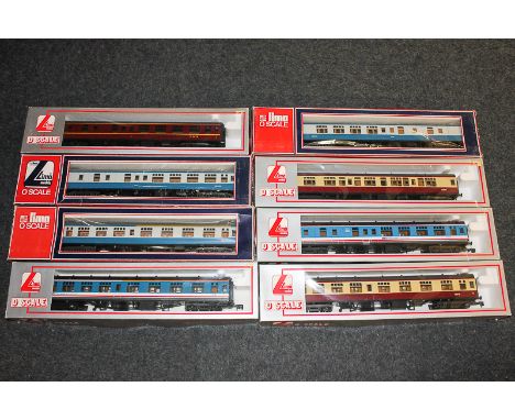 Eight Lima 0 scale model railway carriages, boxed, including LMS 5051 in red and Network South East 35309 in red, white and b