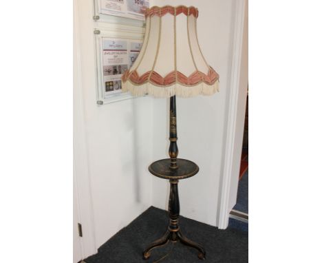 A chinoiserie lacquered standard lamp with central circular shelf on tripod base (a/f) 172cm high