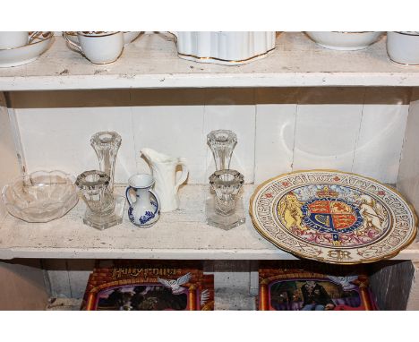 A Paragon commemorative plate of King Edward VIII, a Royal Worcester leaf jug, a Delft ware bud vase, a pair of cut glass can