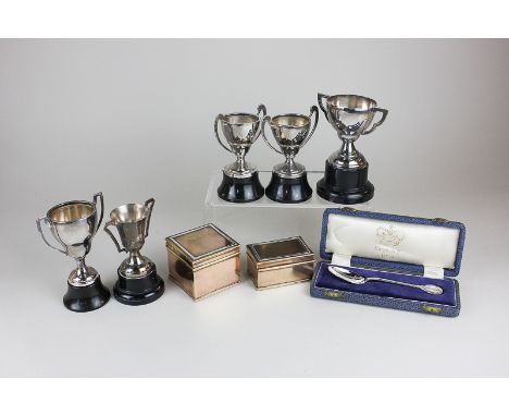 Five silver plated trophy cups, a coronation spoon, a brass inkwell with matching box marked AMHS to base