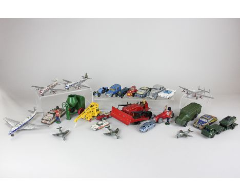 A collection of die-cast model motor vehicles, aeroplanes and soldiers, in play-worn condition, by Corgi, Dinky and others, i