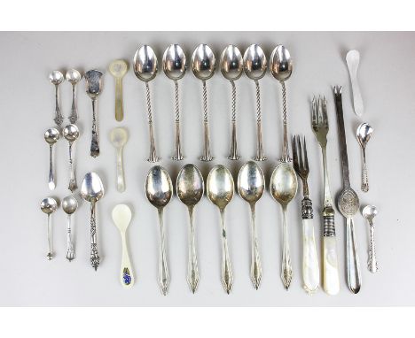 A set of six Victorian silver teaspoons with twist handles, seven English and Continental silver condiment spoons, a 900 silv