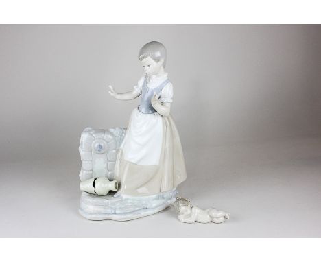 A Nao porcelain figure of a girl with a broken vase, 29cm, together with a Lladro sleeping putti with halo