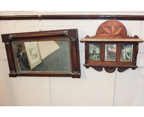 A 19th century rectangular wall mirror with column supports, 43cm by 73cm and an inlaid wall shelf with three glazed panels, 