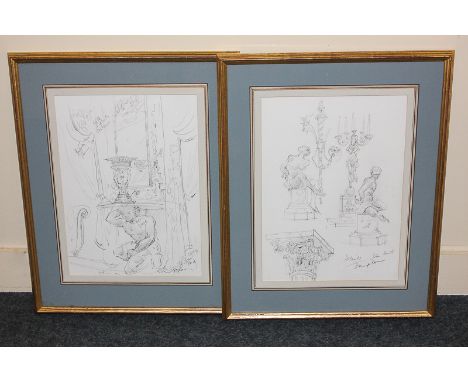 Marianne Topham (20th century), two pencil drawings titled 'Bronzes and details' and 'A Blackamoor console table', with Chris