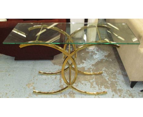 CONSOLE TABLE, with glass top on a brass effect base, 120cm x 40cm x 78cm H.