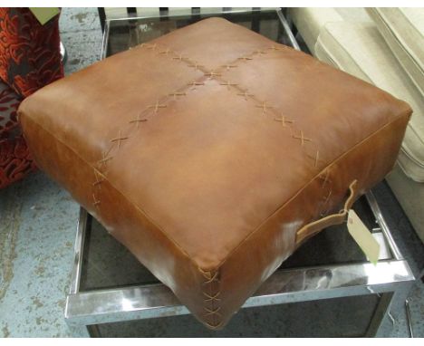 LEATHER FLOOR POUFFE, with leather handles and stitchwork, approx. 73cm sq x 29cm H.
