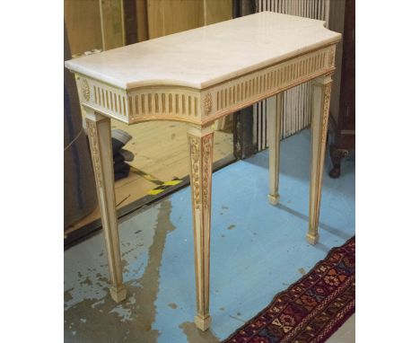 CONSOLE TABLE, George III design grey parcel gilt with fluted frieze, tapering supports and white marble, 107cm x 44cm D x 90