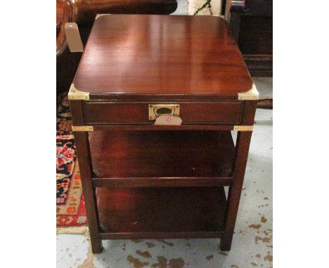 BEDSIDE/LAMP TABLES, a pair, Campaign style mahogany and brass bound, each with drawer and two shelves, 61cm H x 45cm x 56cm 