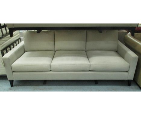 SOFA, three seater, in light grey upholstery on black splayed legs, 220cm x 95cm x 90cm H.