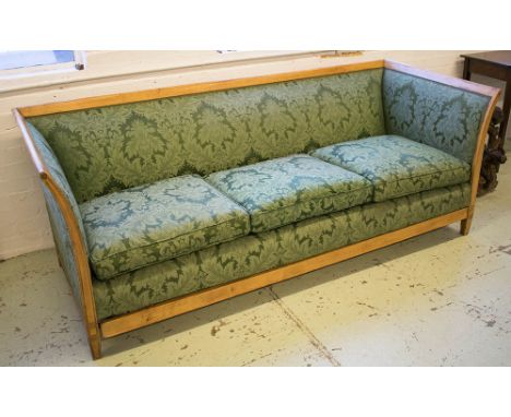 SOFA, 19th century Continental birch in green damask with seat cushions, 211cm W x 86cm D. (with faults)